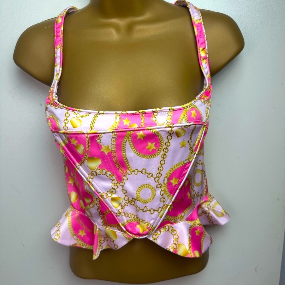 Sugar Thrillz X Dolls Kill Pink & Gold Chain Print Made To Move Corset Top NWT M